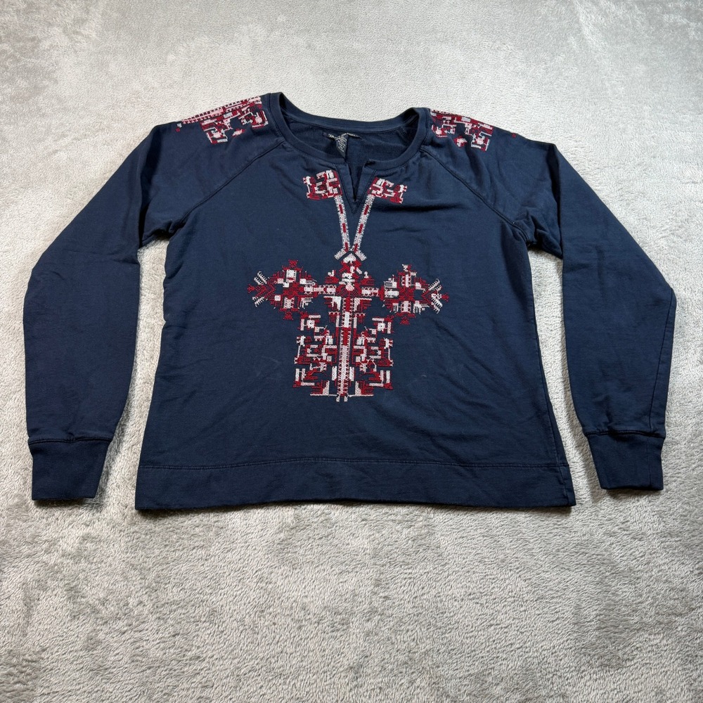Lucky Brand Sweatshirt Women Medium Blue Embroidered Notch Neck Long Sleeve